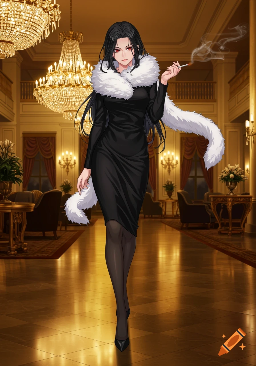 Anime woman with black hair and red eyes in a black dress and white fur scarf, holding a cigarette, walking in a grand hotel lobby.