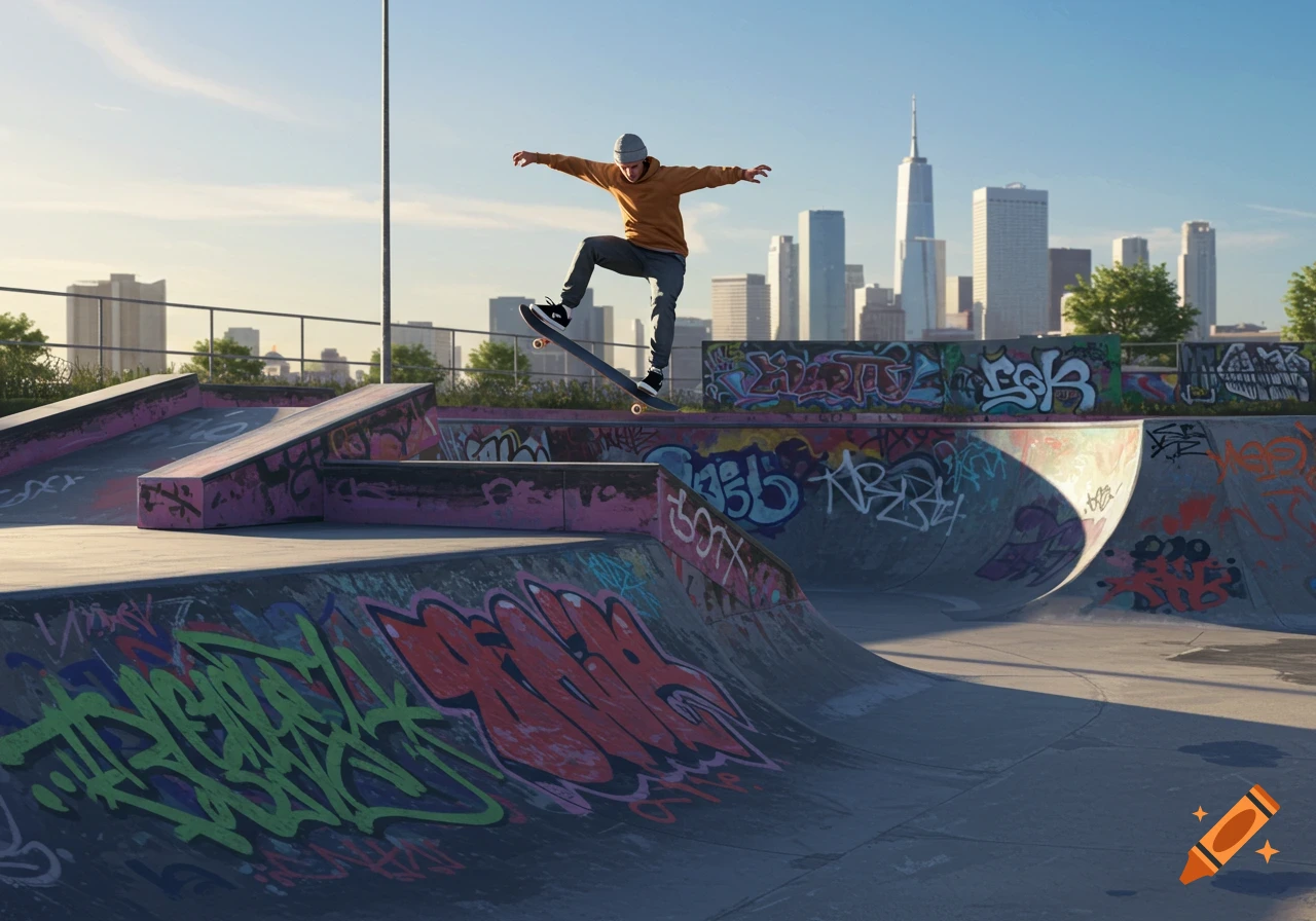 A skateboarder mid-air performing a trick over a ledge in a graffiti-covered skatepark with a city skyline in the background, bathed in sunlight.