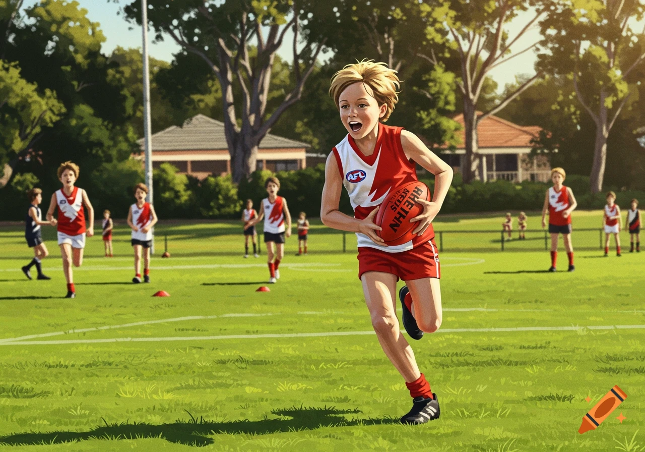 A young boy in a red and white uniform runs with an AFL football on a green field, surrounded by other children playing Australian Rules Football.