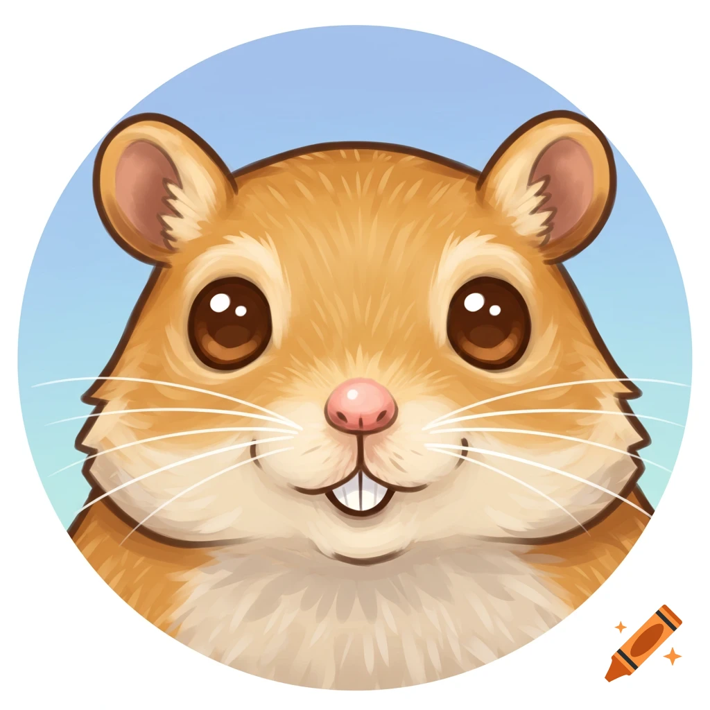 A cartoon icon of a smiling hamster or gerbil face with big brown eyes and a pink nose on a blue background.