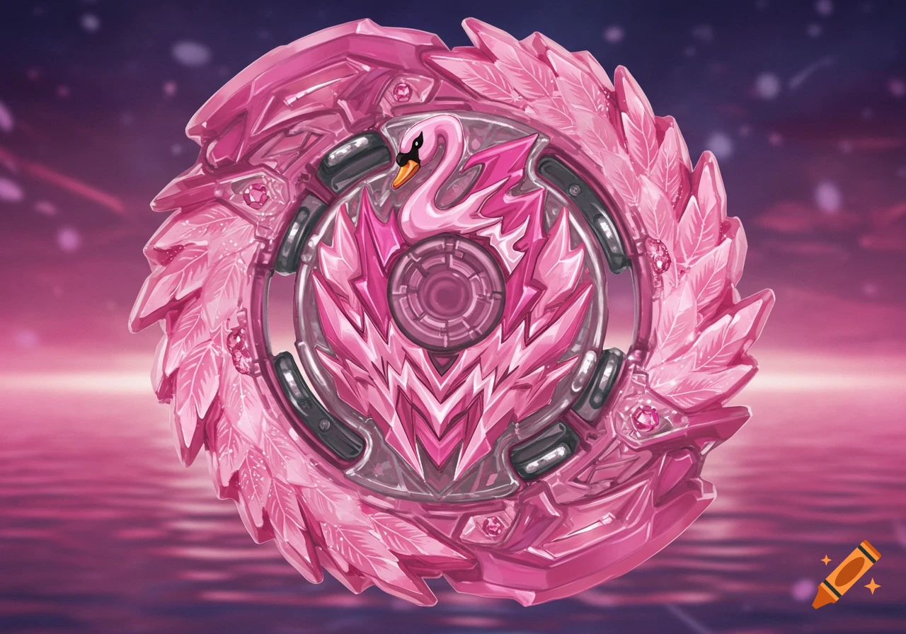 A vibrant pink Beyblade features a swan emblem on its core and feather-like spikes on its outer layer, set against a shimmering pink and purple background.