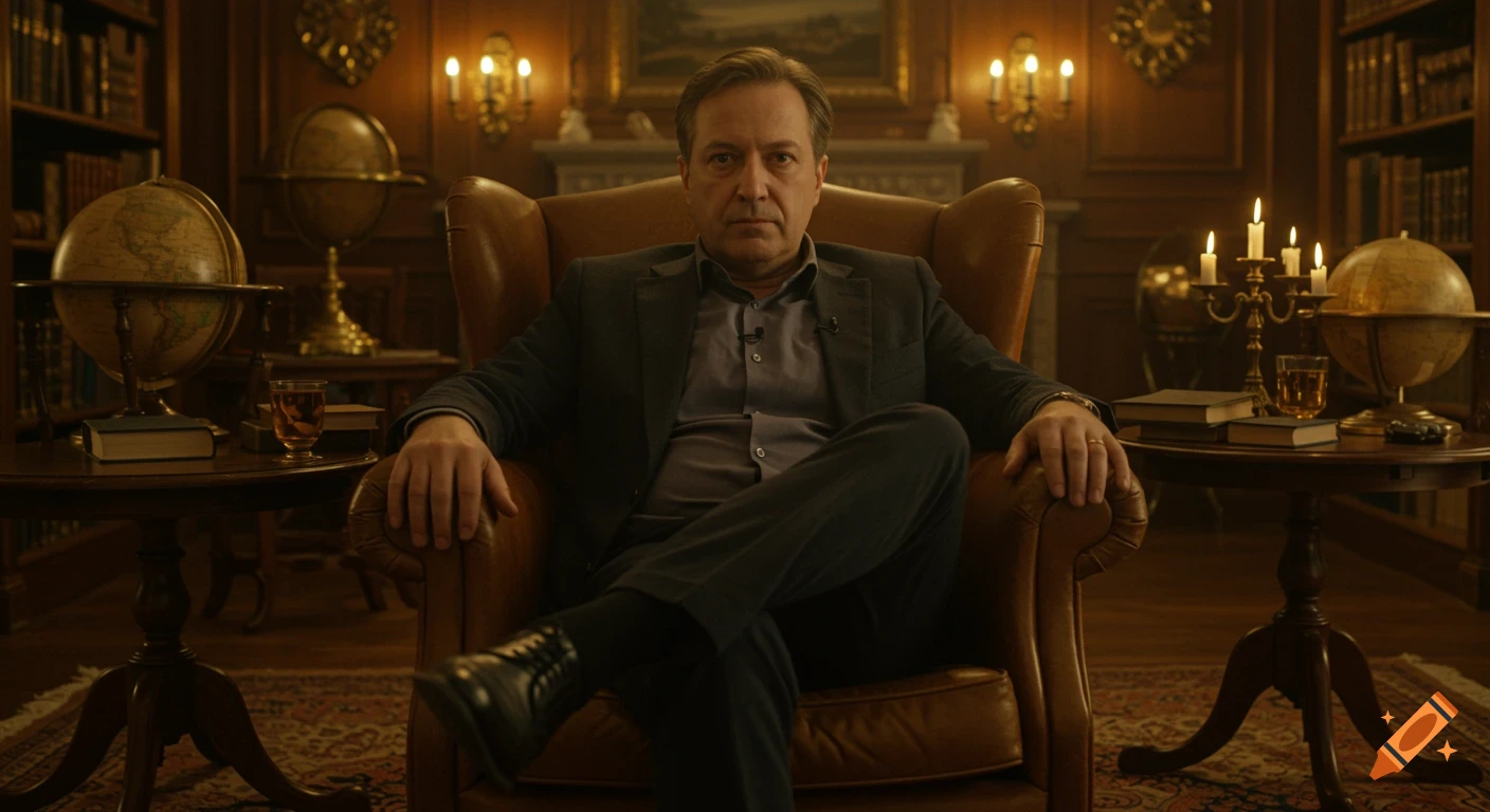 A man in a suit sits in a leather armchair in a wood-paneled library, surrounded by globes, books, and candles.