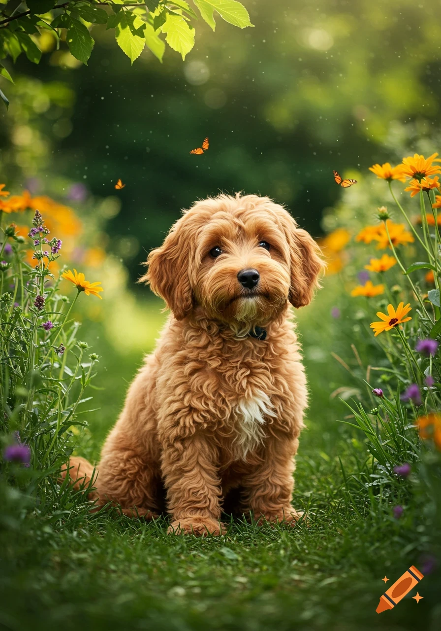 A cute brown labradoodle puppy sits in a vibrant green field surrounded by yellow and purple wildflowers and butterflies under dappled sunlight.