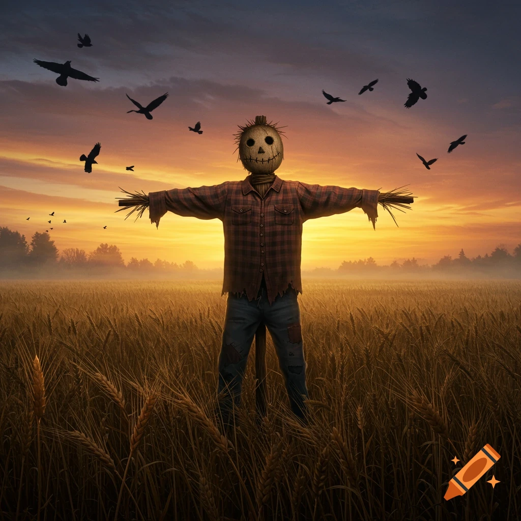 A scarecrow stands in a golden wheat field with crows flying overhead against an orange and purple sunset.