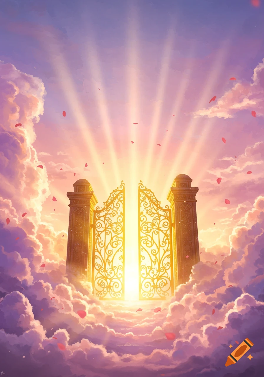Golden ornate gates open in a bright light, surrounded by pink and purple clouds with falling rose petals, in a fantastical illustration.