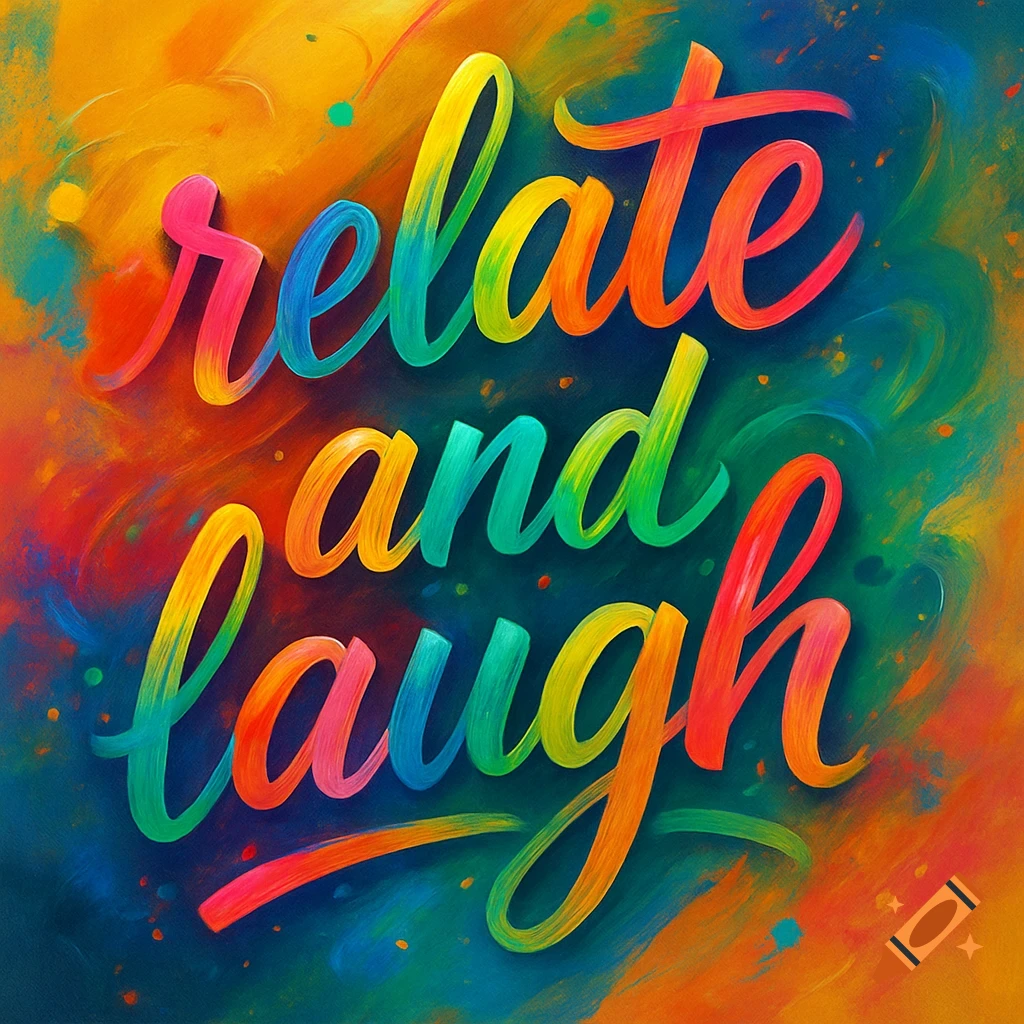 Colorful artistic script spells "relate and laugh" on a vibrant painterly background.