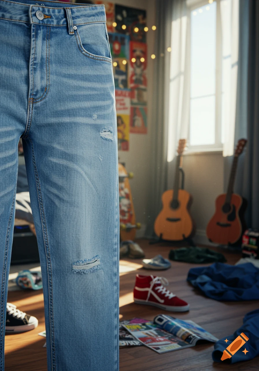 Close-up of light blue distressed jeans in a teenager's messy room with guitars and posters.