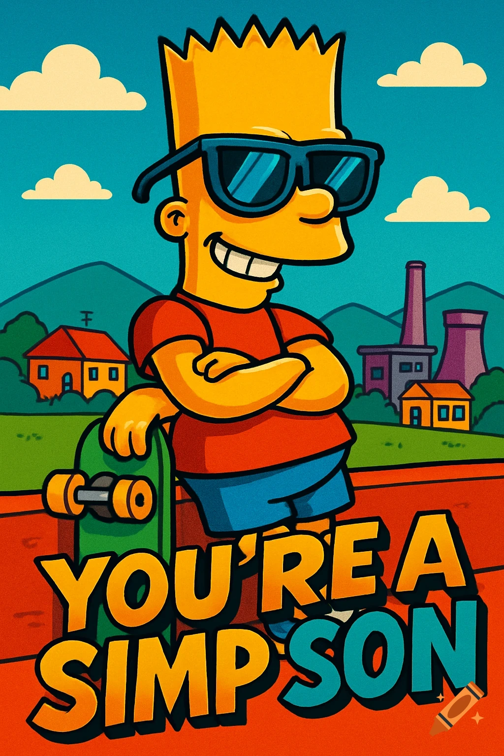 Stylized illustration of Bart Simpson wearing sunglasses, leaning on a skateboard, with text 'YOU'RE A SIMP SON' against a cartoon background of houses and a factory.