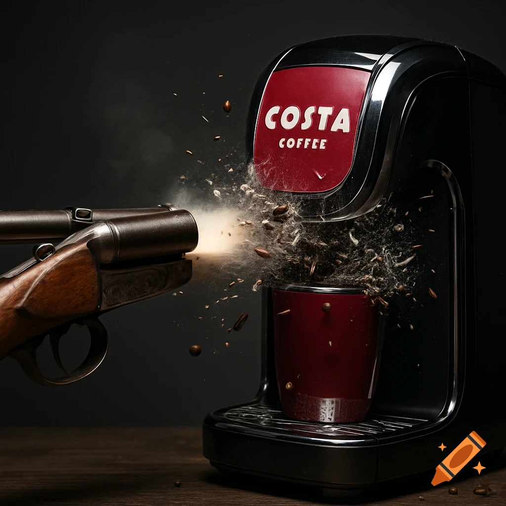 A photorealistic image of a shotgun firing into a Costa Coffee machine, scattering coffee beans and debris.