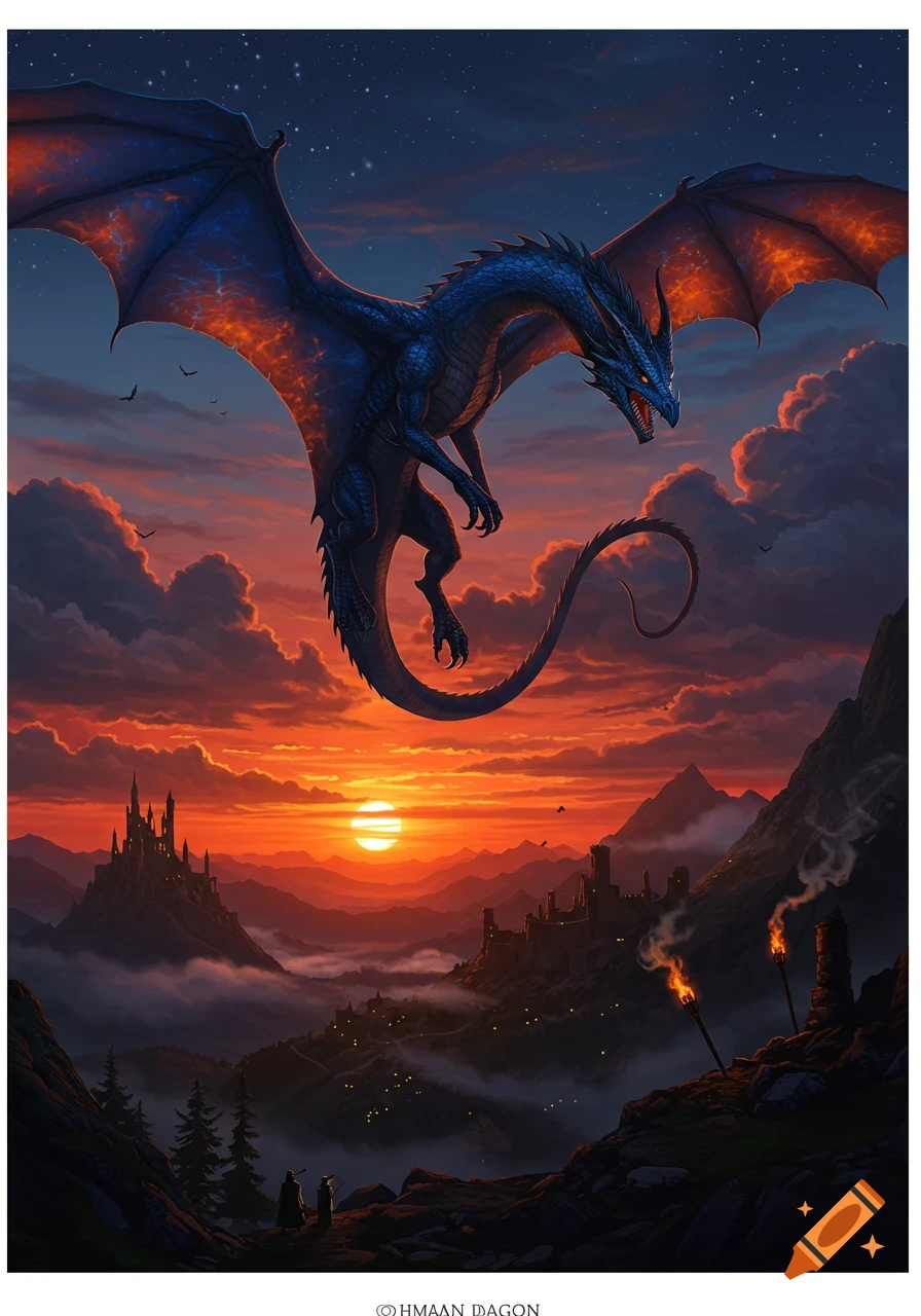 A blue dragon with glowing orange wings soars over a majestic sunset landscape featuring mountains, castles, and mystical fog.