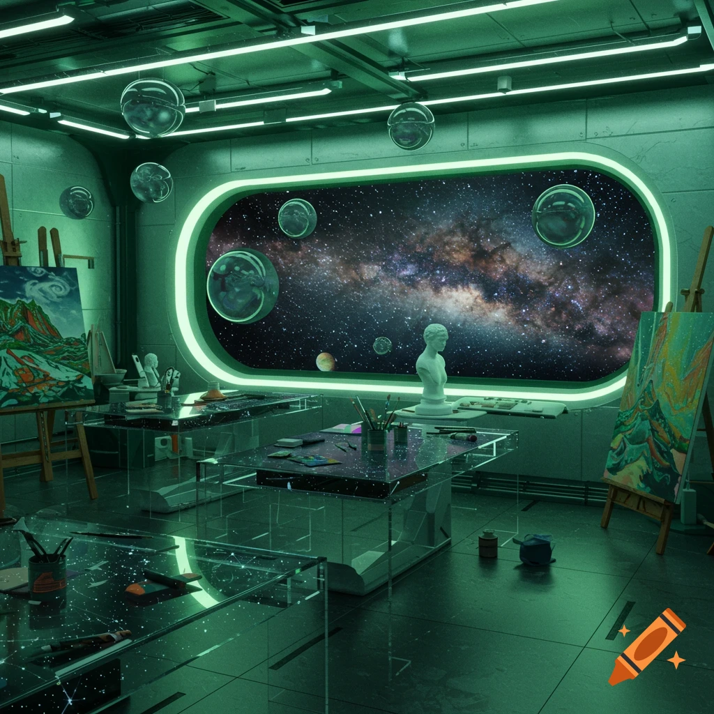 A futuristic art studio on a spaceship with green neon lighting, overlooking the Milky Way through large oval windows. Easels, paintings, and art supplies are visible.