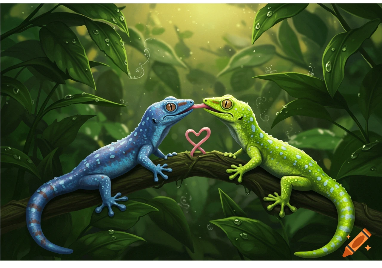 Two colorful geckos, blue and green, on a branch in a jungle, with their tongues tied in a heart-shaped knot.