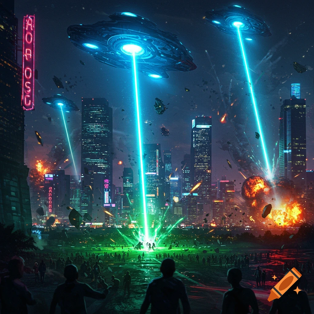 A dramatic night scene of an alien invasion in a futuristic city, with UFOs firing neon blue and green beams, explosions, and crowds of people on the ground.