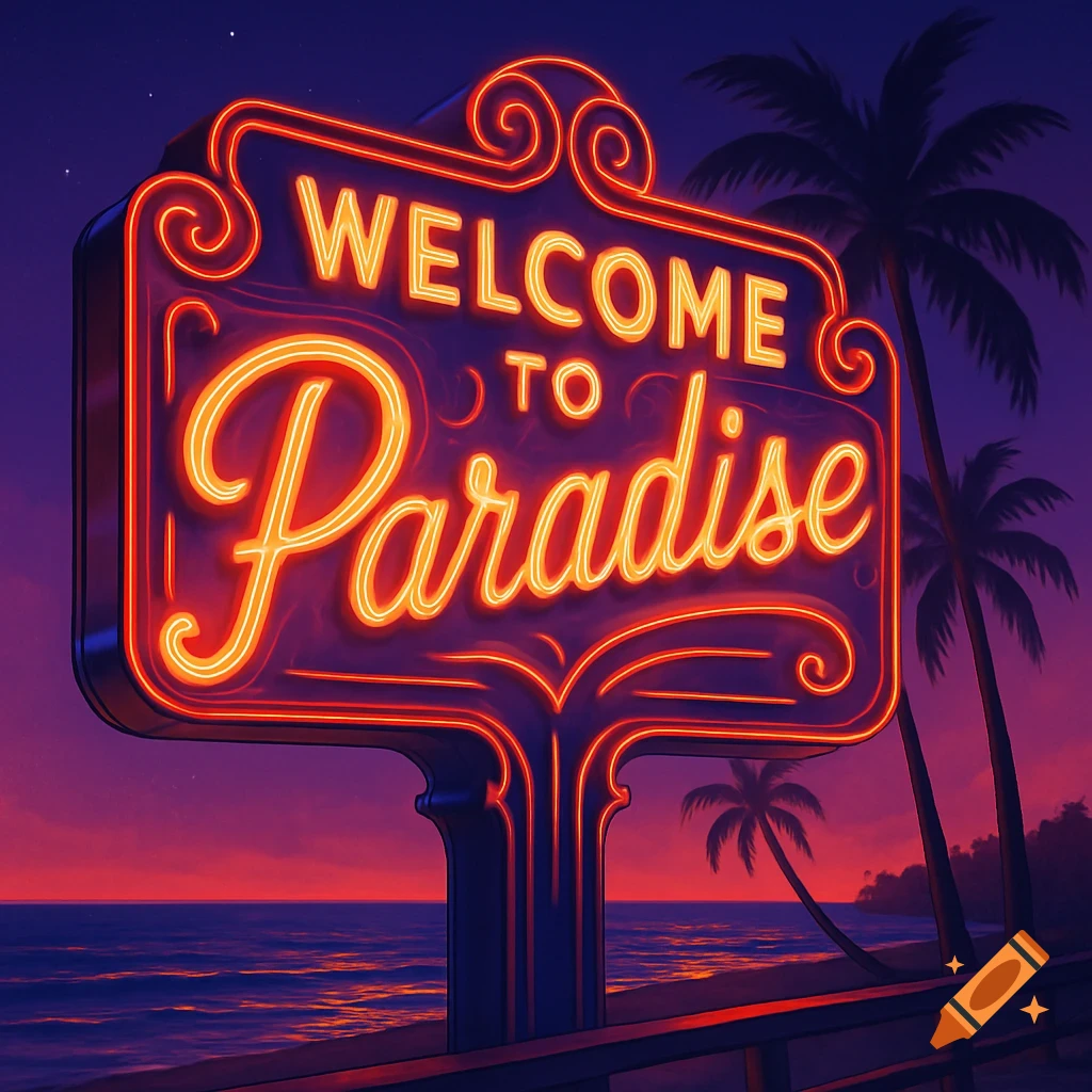A vibrant neon sign reading 'WELCOME TO Paradise' against a dramatic purple and orange sunset over a tropical beach with palm trees.