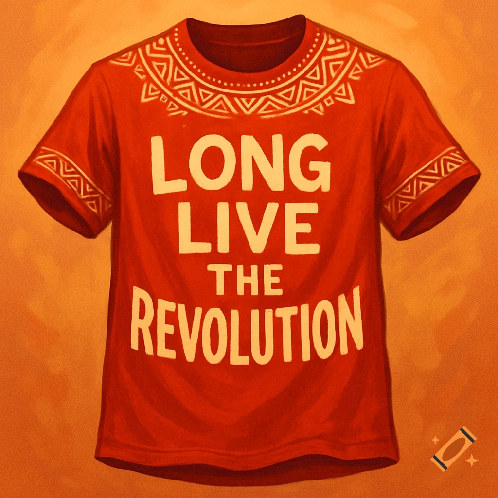 A red t-shirt with white text 'Long Live The Revolution' and tribal patterns on the neckline and sleeves.