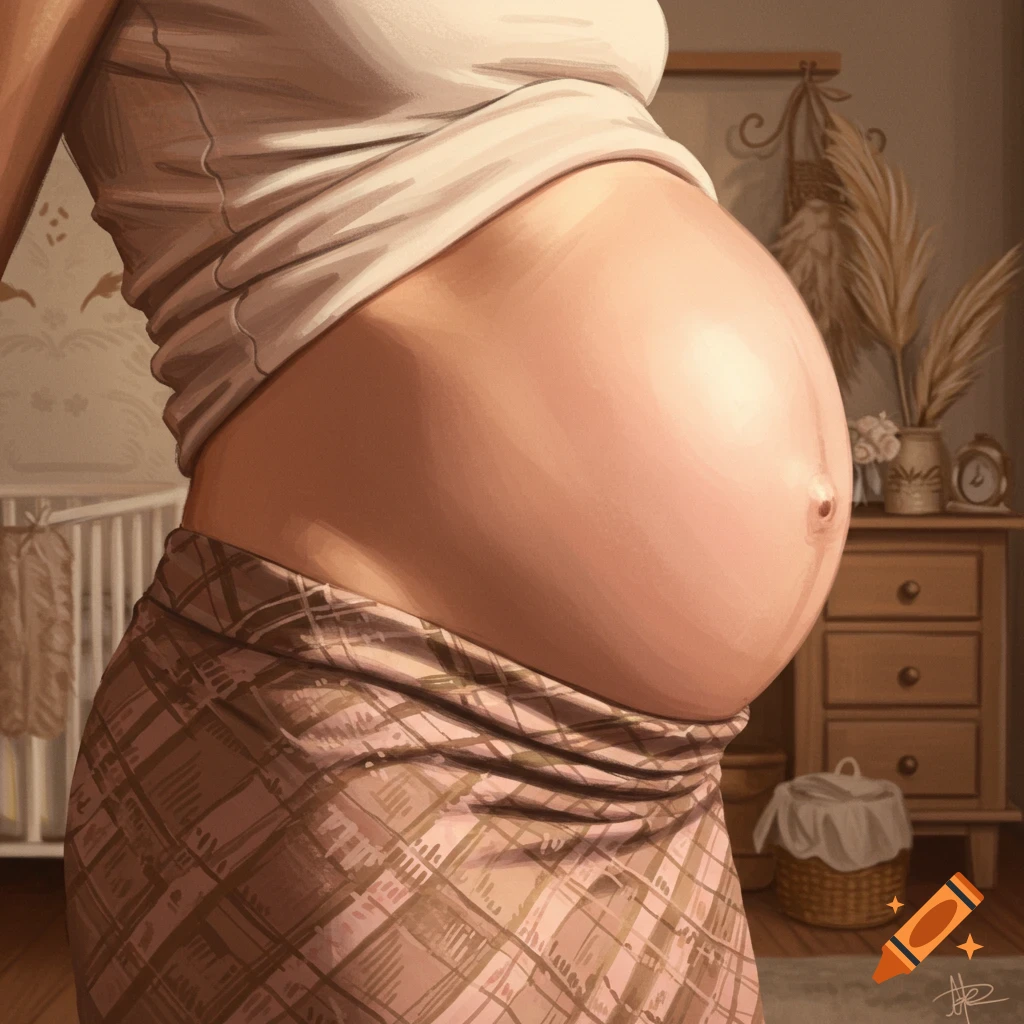 A close-up illustration of a woman's pregnant belly and a pink plaid skirt in a nursery setting.