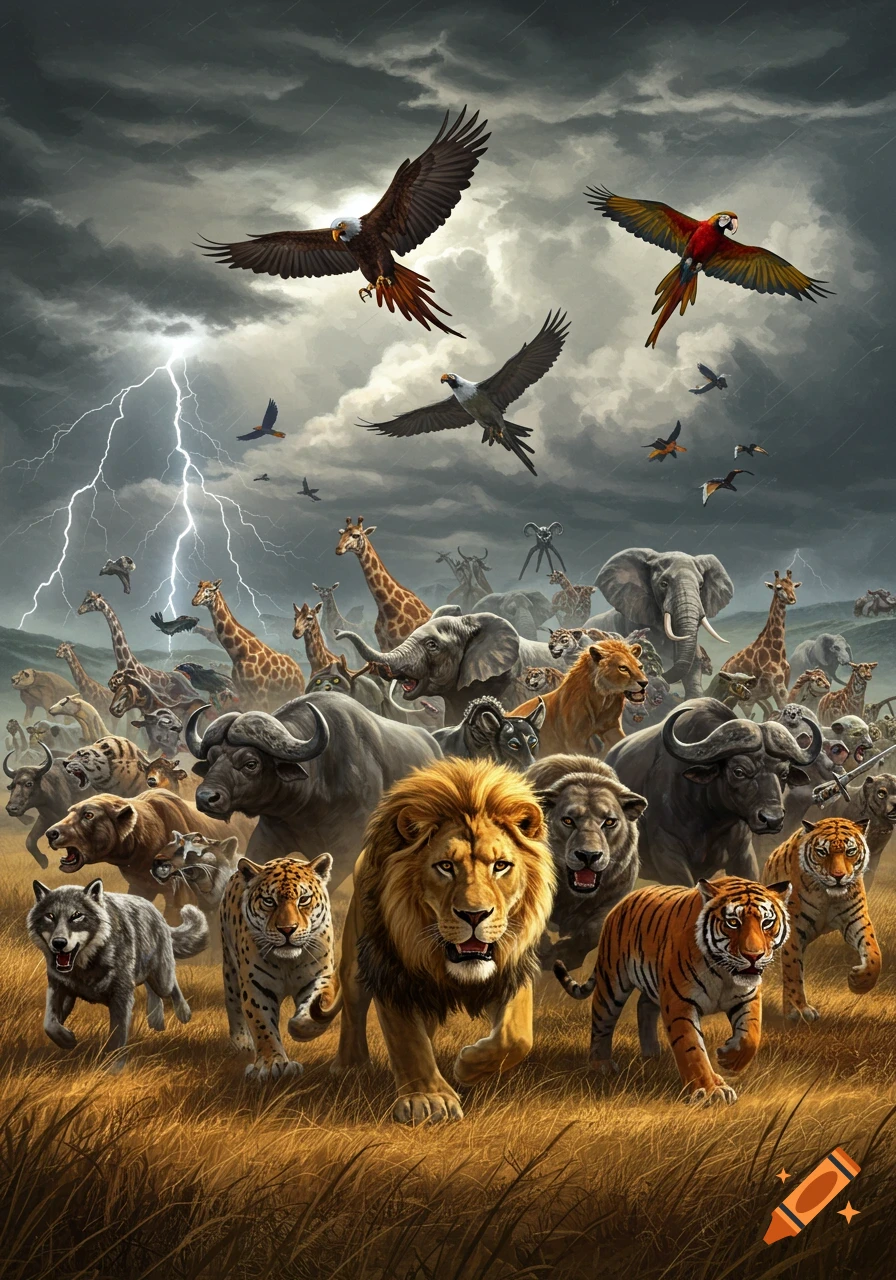 Many wild animals including lions, tigers, elephants, and giraffes flee across a grassy plain under a dark, stormy sky with lightning.