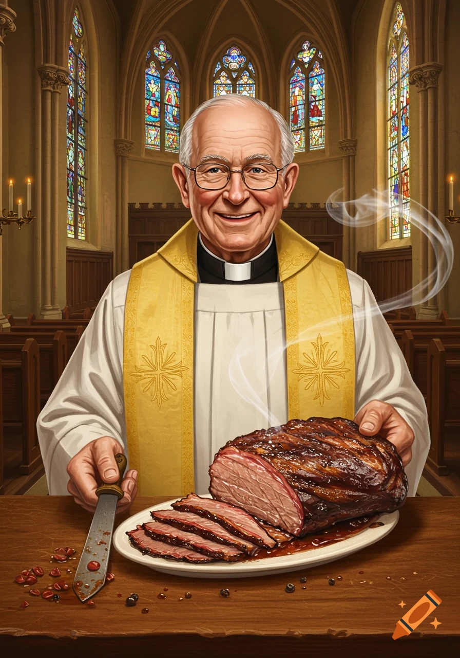 A smiling priest in a church holds a platter with a sliced, steaming beef brisket and a carving knife.