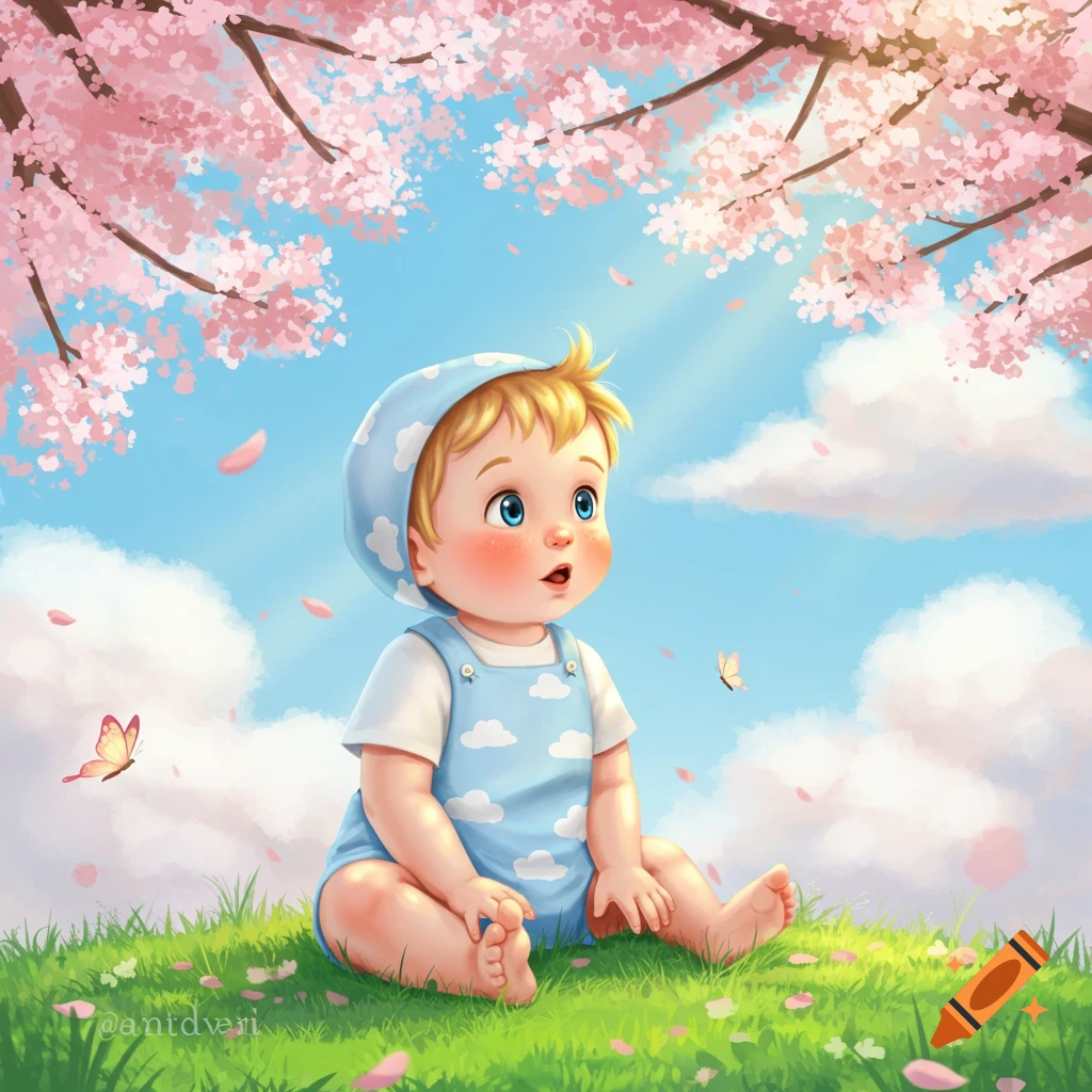 A cute cartoon baby sits on green grass under a blooming cherry blossom tree with pink petals falling, butterflies fluttering around.