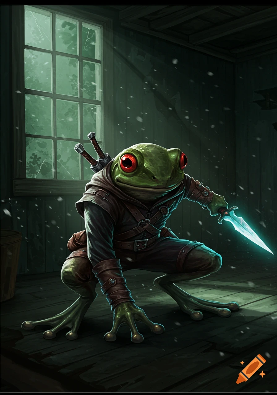A dark green frog rogue with red eyes, wearing leather armor, crouches in a dark house, holding a glowing dagger. Two more daggers are on its back.