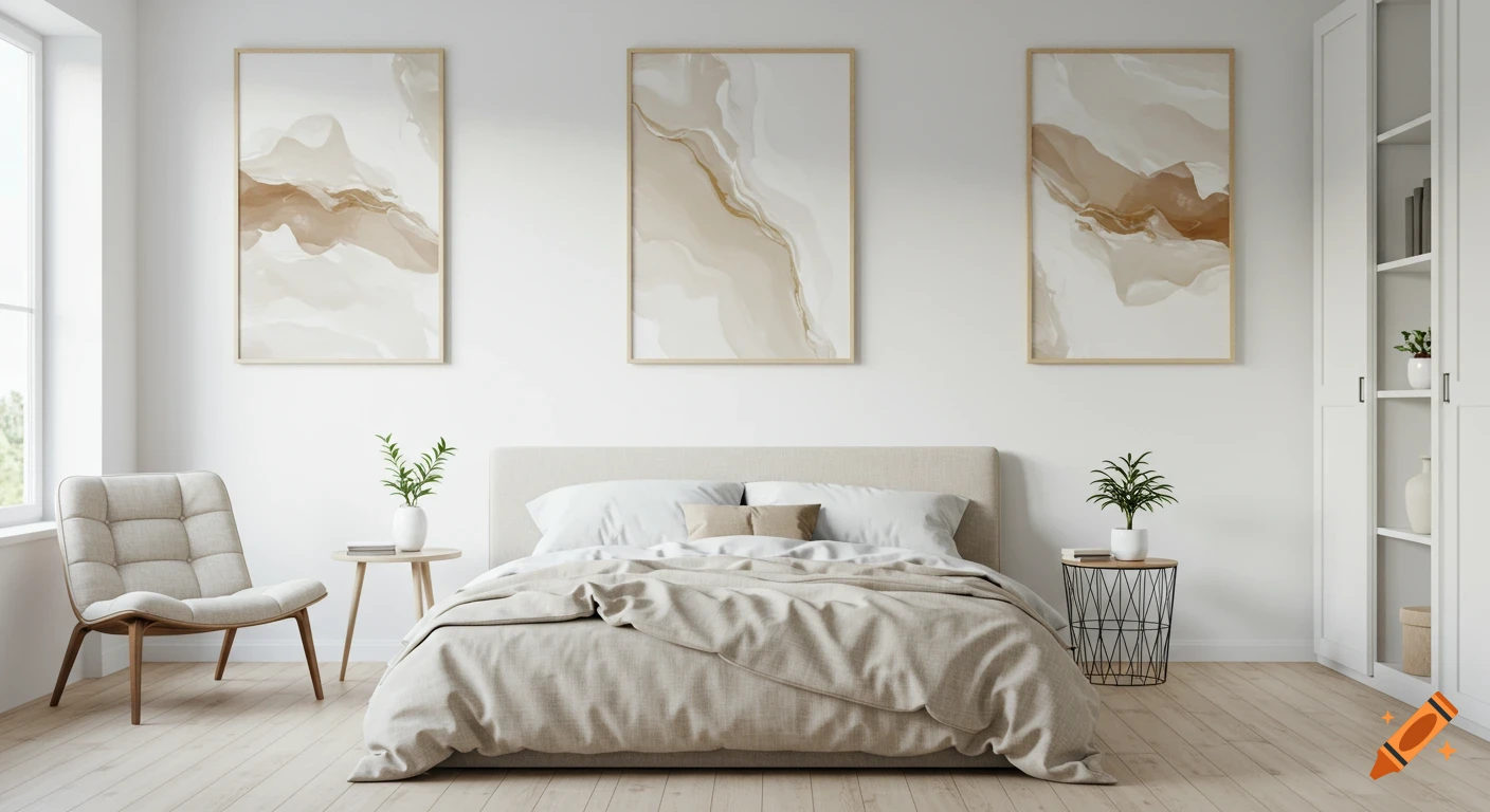 A bright, modern bedroom with a bed, a chair, and three abstract art pieces on the wall.