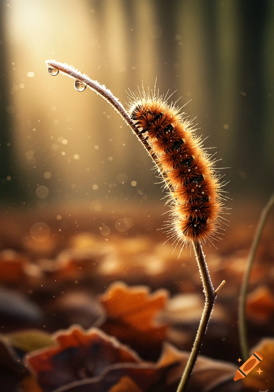A photorealistic close-up of a fuzzy orange and black woolly bear caterpillar on a frost-covered stem with water droplets, in warm sunlight with bokeh.