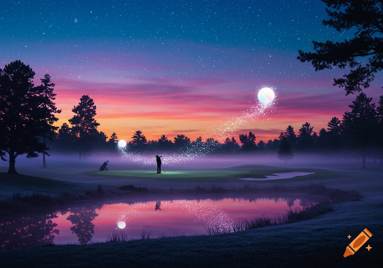 A golfer hits a glowing golf ball on a misty course at twilight under a starry, colorful sky with a magical moon and pond reflection.
