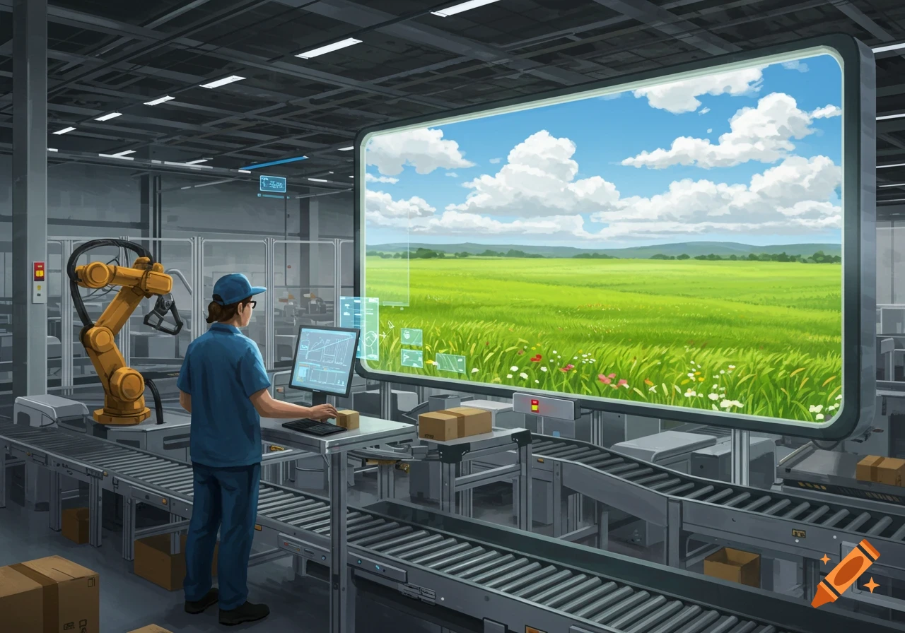A man works at a computer in an automated fulfillment center with conveyor belts and a robotic arm, while a large screen displays a green field.