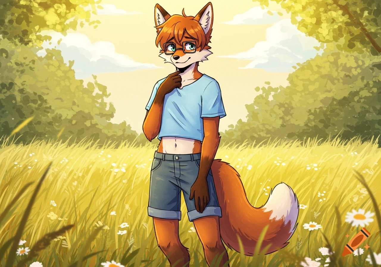 A shy anthropomorphic brown fox wearing glasses, a blue crop top, and shorts stands in a sunny field of yellow grass with white flowers.