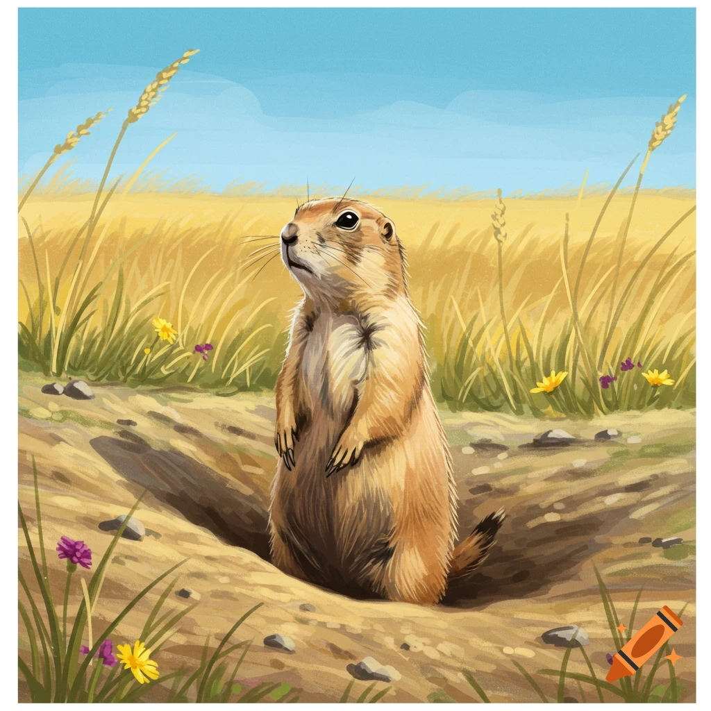 A brown prairie dog stands upright in a dirt hole in a golden field under a blue sky, looking up. Illustrated.