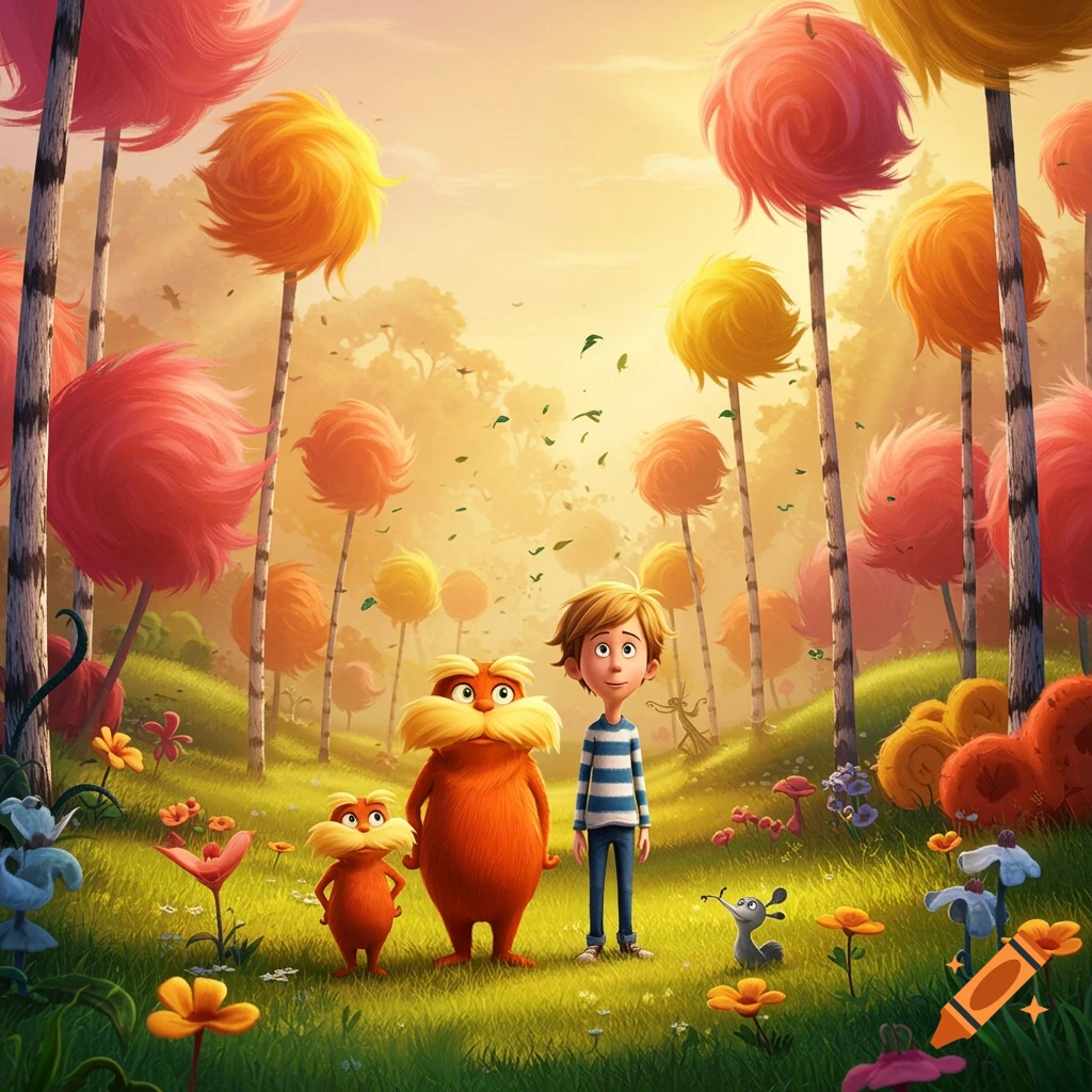 The Lorax, a small orange creature, and a boy stand in a vibrant forest with colorful Truffula trees and whimsical plants.