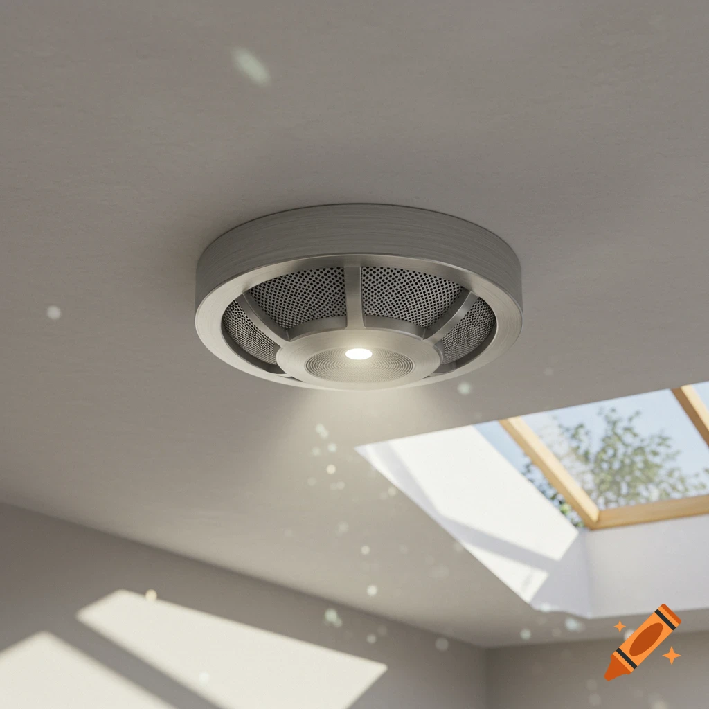 A modern, silver smoke detector is mounted on a white ceiling with a skylight showing trees in the background.