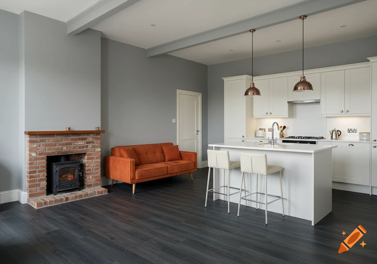 A modern open-plan kitchen and living room with white cabinets, a kitchen island, an orange sofa, and a brick fireplace.