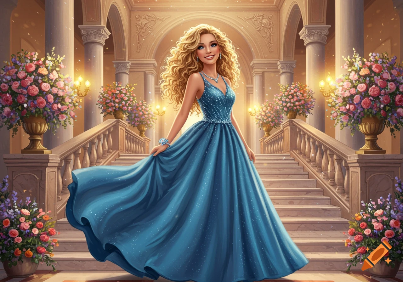 A smiling blonde woman in a sparkling blue ball gown stands on a grand marble staircase with floral arrangements in a golden lit hall.