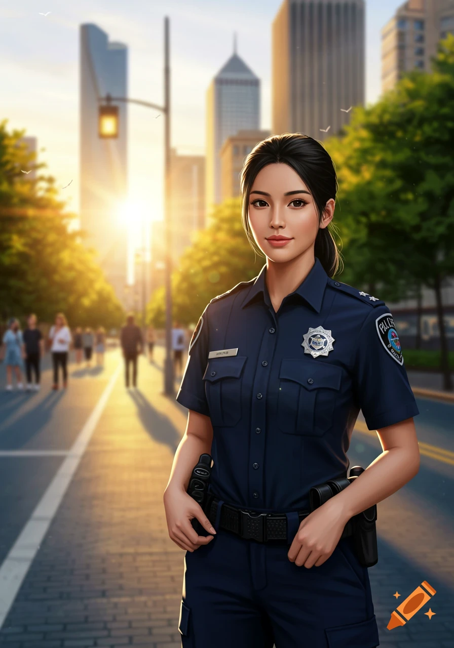 A photorealistic depiction of a female police officer in a dark blue uniform standing on a sunlit city street with buildings in the background.