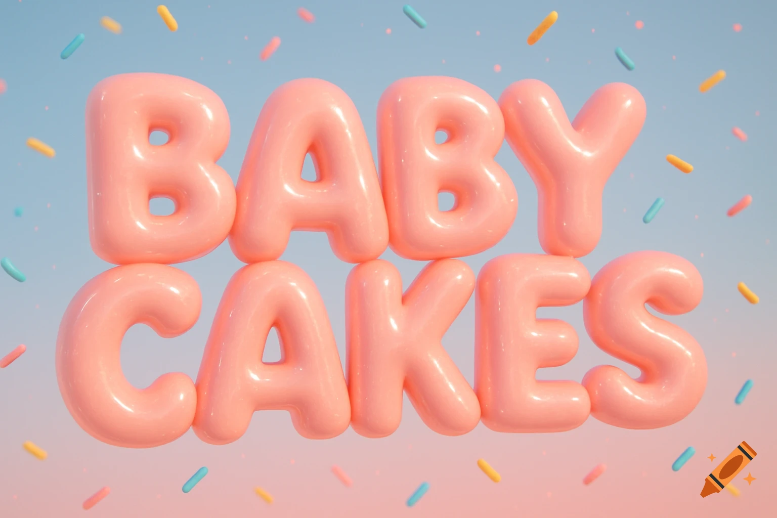 3D pink bubble letters spelling 'BABY CAKES' with colorful sprinkles floating on a gradient blue and pink background.