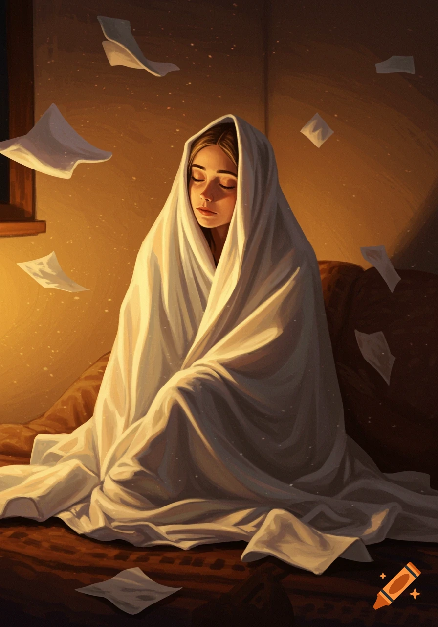 A woman wrapped in a white blanket sits indoors in warm light with papers floating around her, in a digital painting style.