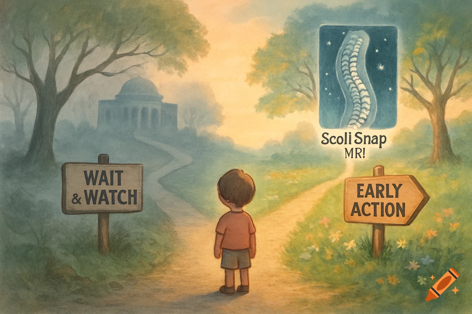Illustration of a child at a fork in a path, with signs 'Wait & Watch' and 'Early Action', and an image of a spine scan.