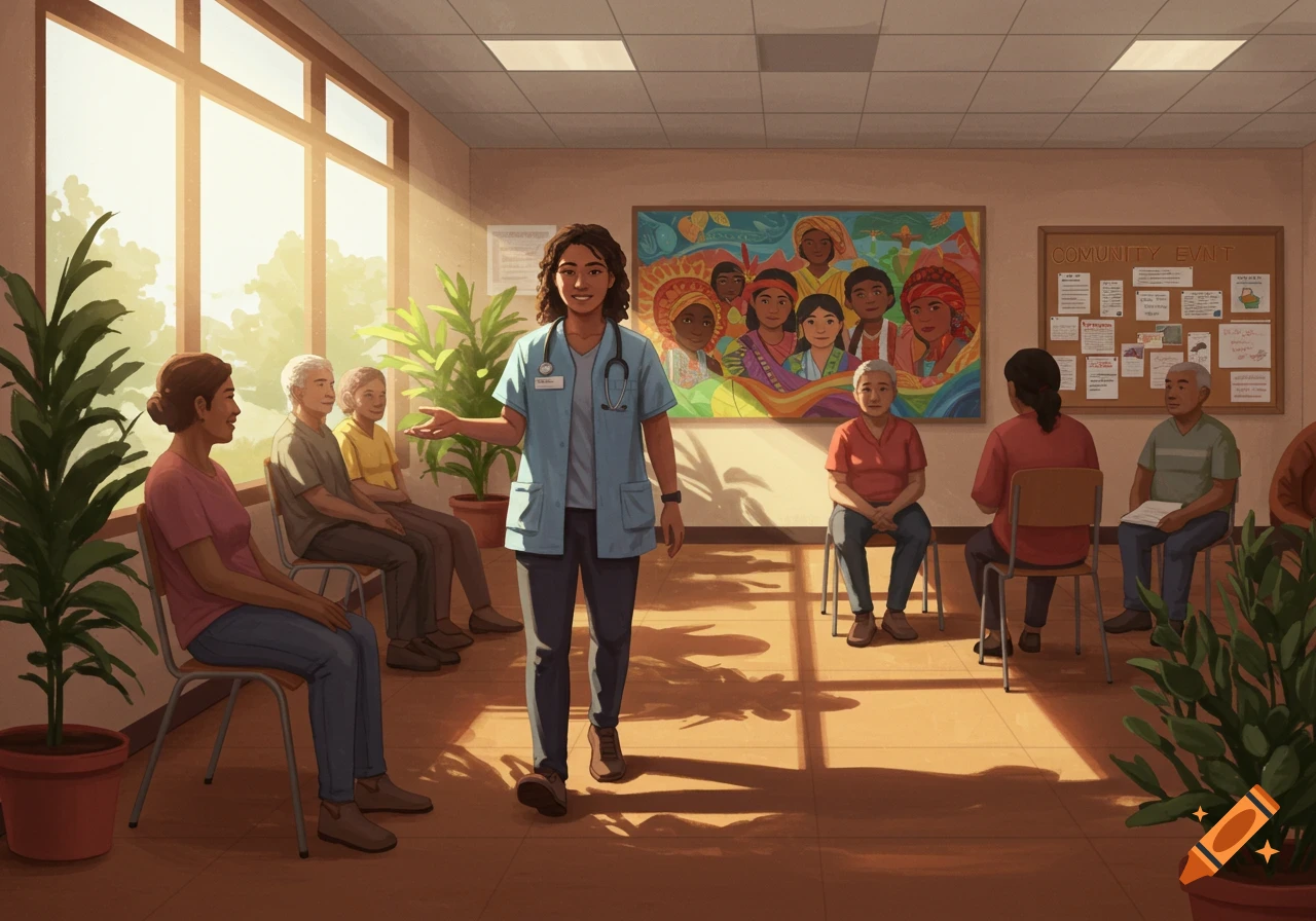A smiling social worker in light blue scrubs stands in a sunny waiting room, gesturing towards diverse patients seated around her. A colorful mural is on the wall.