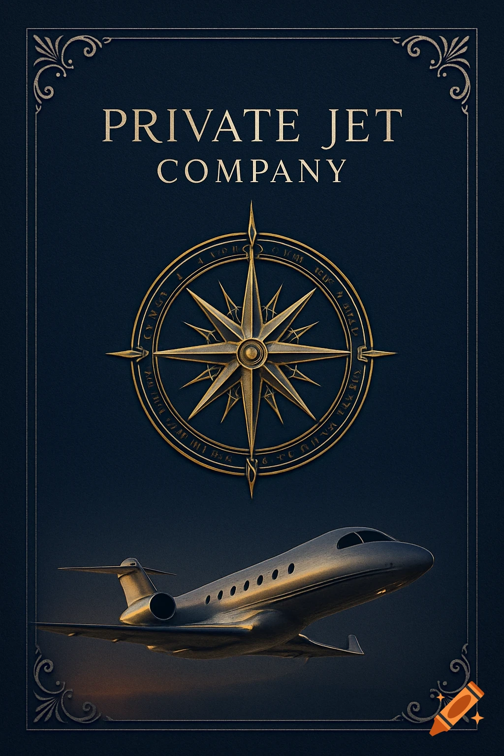 Elegant blue document heading with 'PRIVATE JET COMPANY' text, a gold compass emblem, and a private jet flying below.