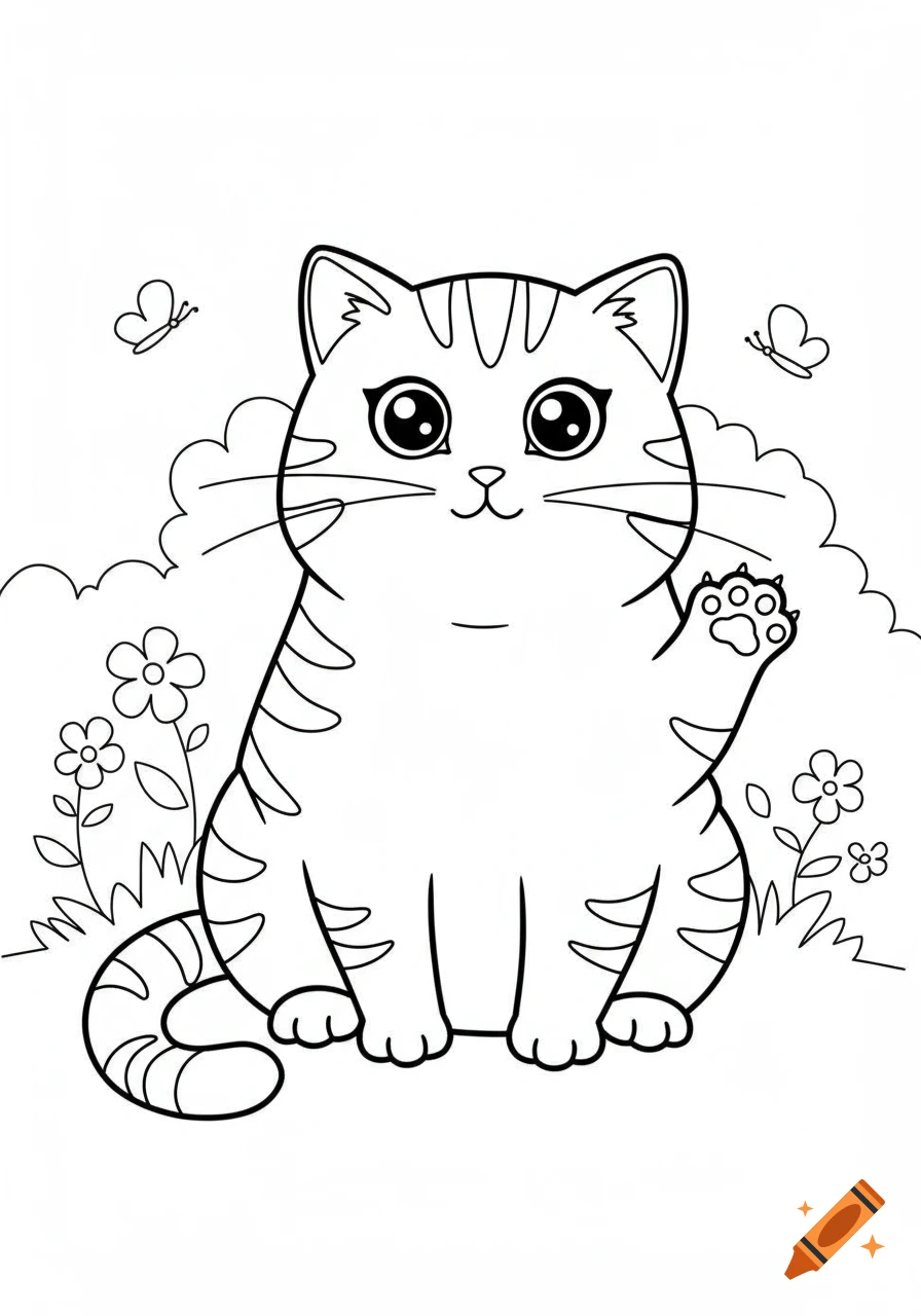 A cute cartoon cat waving its paw in a black and white coloring book style, surrounded by flowers and butterflies.