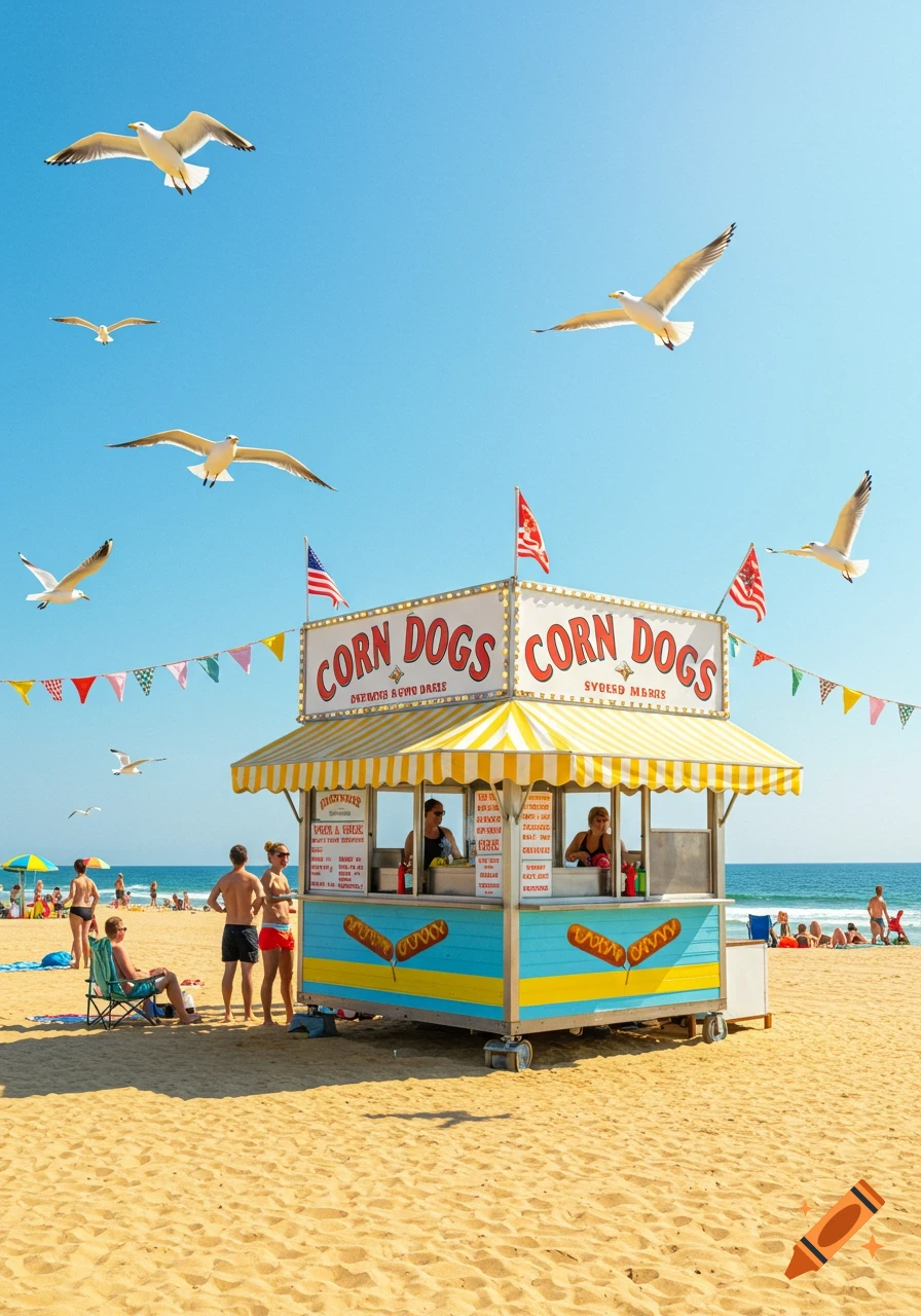 A vibrant photo of a yellow and blue corn dog stand on a sunny beach, with people lounging and seagulls flying overhead.