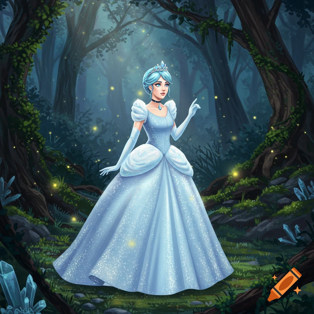 A blue-haired princess in a sparkly blue gown and crown stands in an enchanting, dark forest with glowing fireflies and blue crystals, digital art.