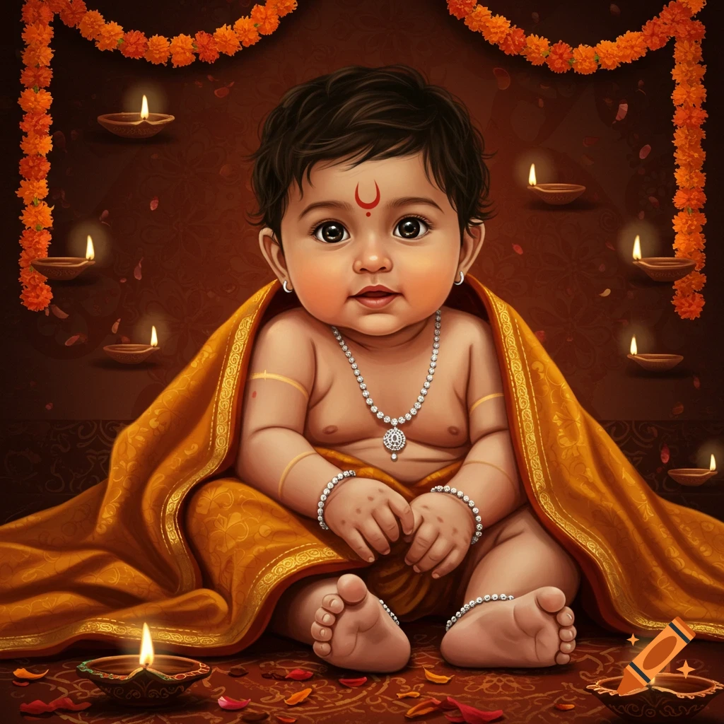 Adorable Indian baby boy in gold cloth and jewelry, surrounded by lit diyas and marigold garlands. Stylized illustration.