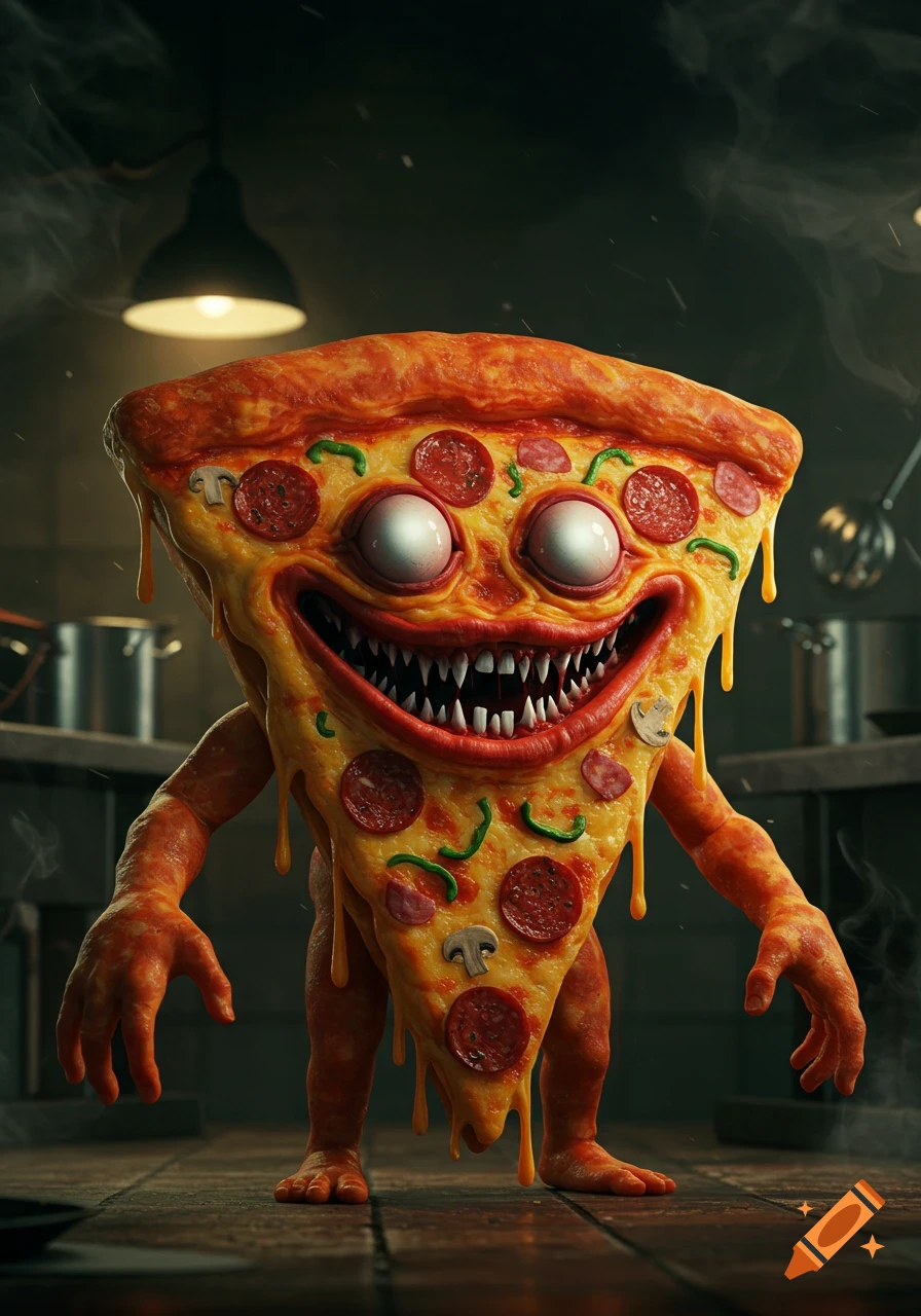 A photorealistic, surreal pizza slice creature with large white eyes and sharp teeth stands in a dark kitchen, steam rising around it.