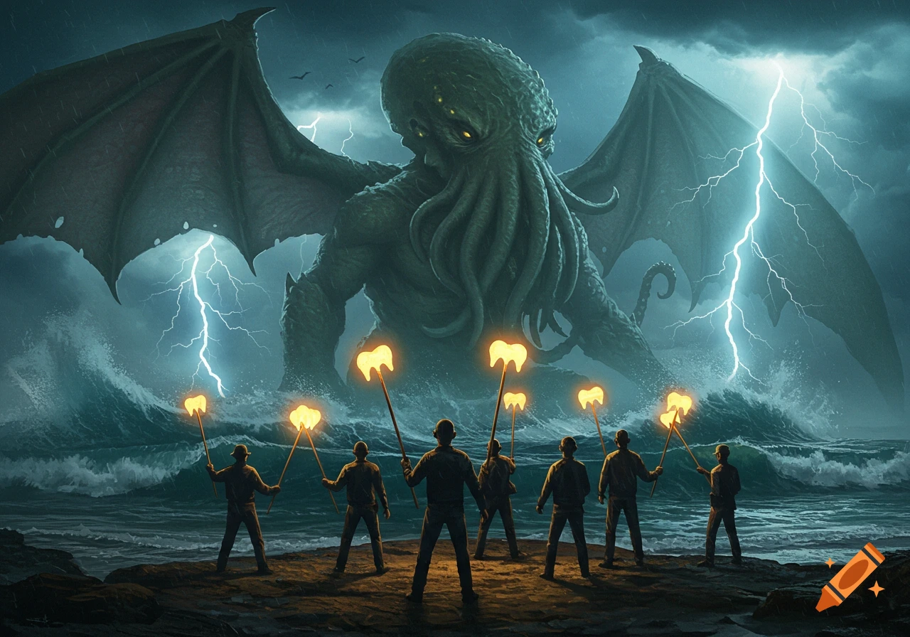 A dark fantasy illustration shows a massive Cthulhu emerging from a stormy ocean as tiny humans on a rocky shore face it, holding glowing tooth-shaped torches amidst lightning.
