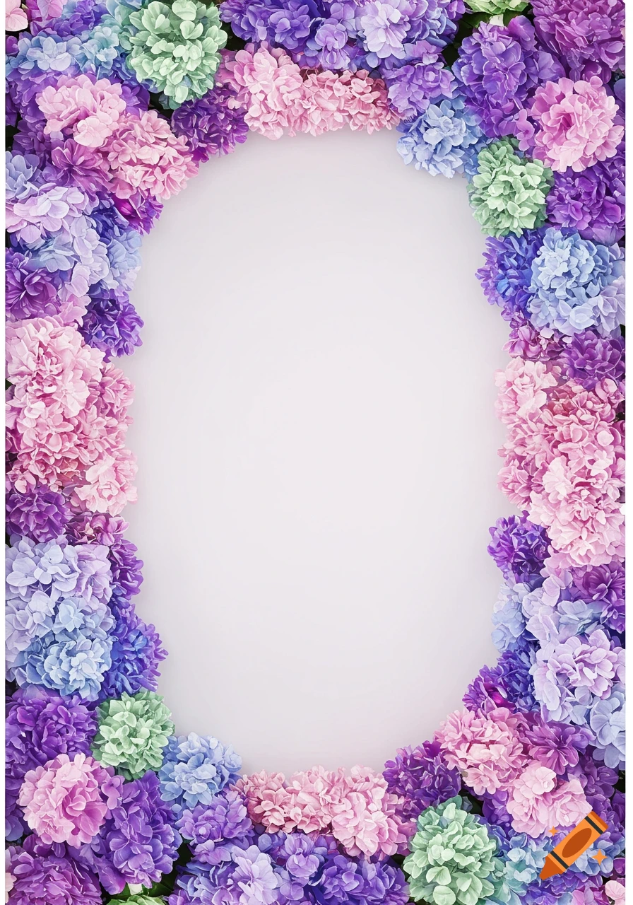An oval white space framed by an abundance of pastel purple, pink, blue, and green hydrangeas.