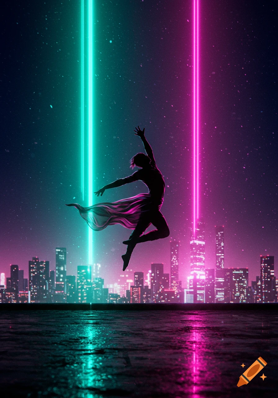 Silhouette of a dancer leaping against a vibrant, neon-lit futuristic city skyline with glowing turquoise and pink light beams.