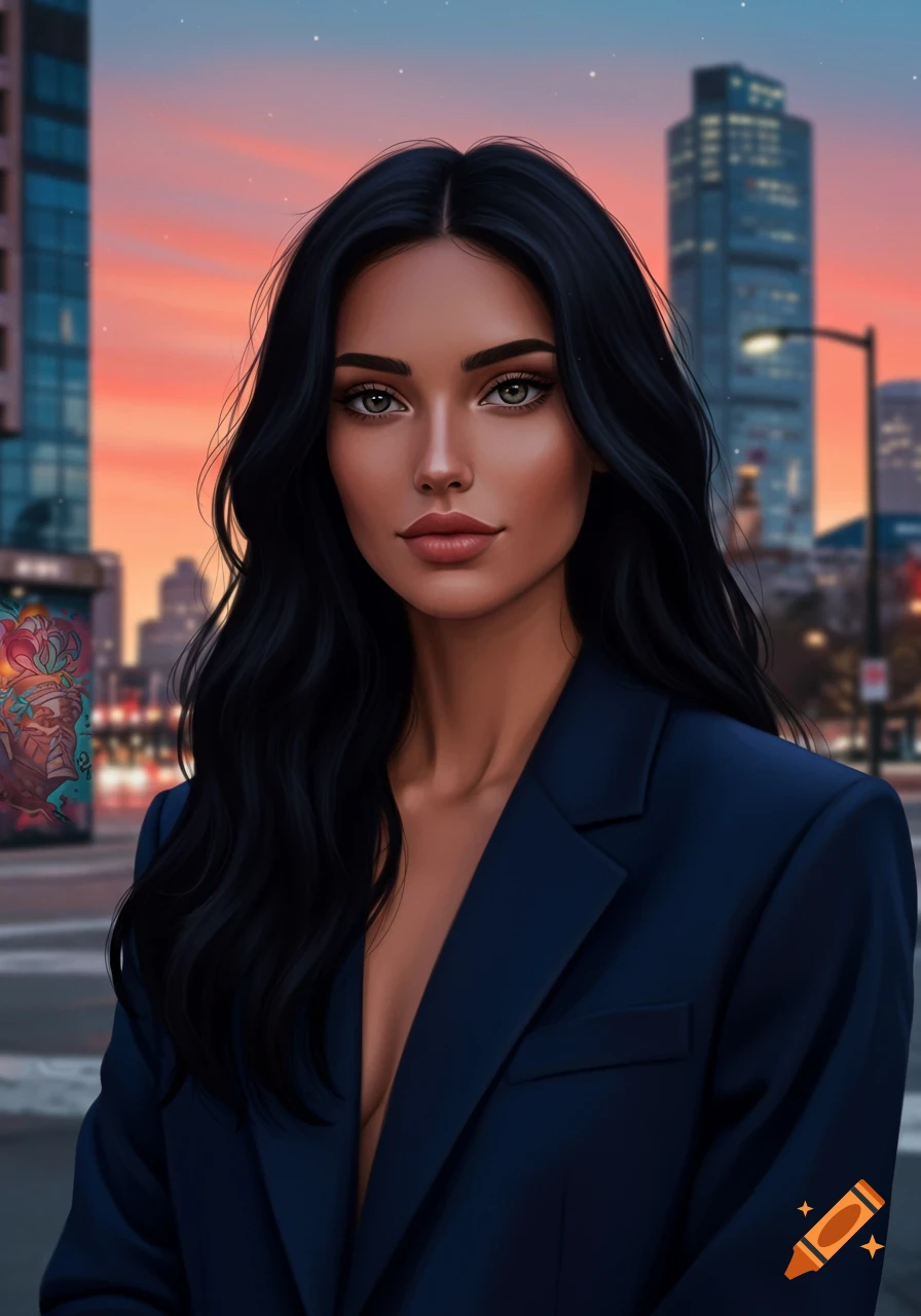 A digital art portrait of a woman with long dark hair and striking eyes, wearing a blazer, against a blurred city sunset background.