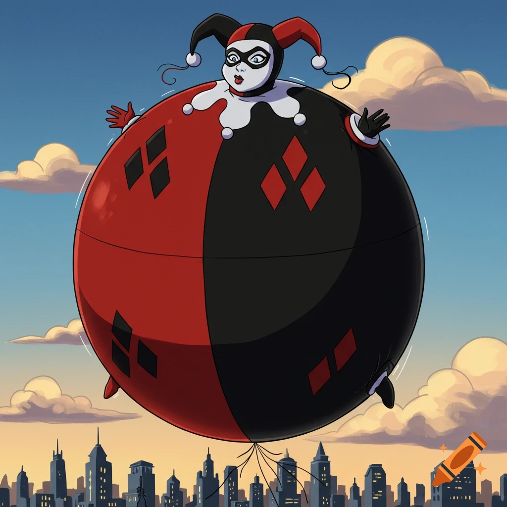 Cartoon Harley Quinn, inflated like a giant balloon, floats above a city skyline with a deadpan expression.